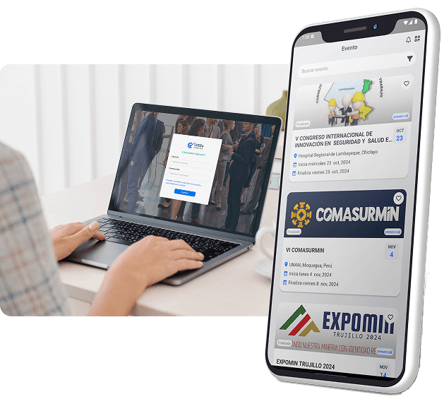 La plataforma de CODEa Events en un portátil y la app móvil mostrando congresos reales