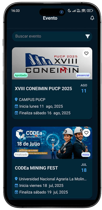 La app de CODEa Events mostrando el XVIII CONEIMIN PUCP 2025 y la CODEa Mining Fest